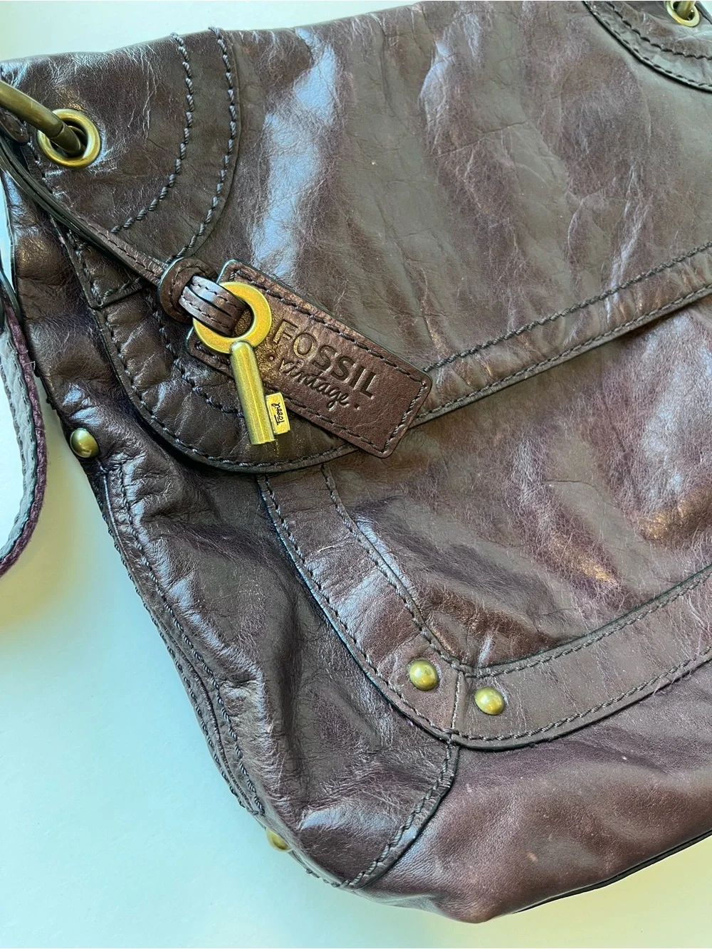 Vintage Fossil Dark Plum Messenger Boho Bag